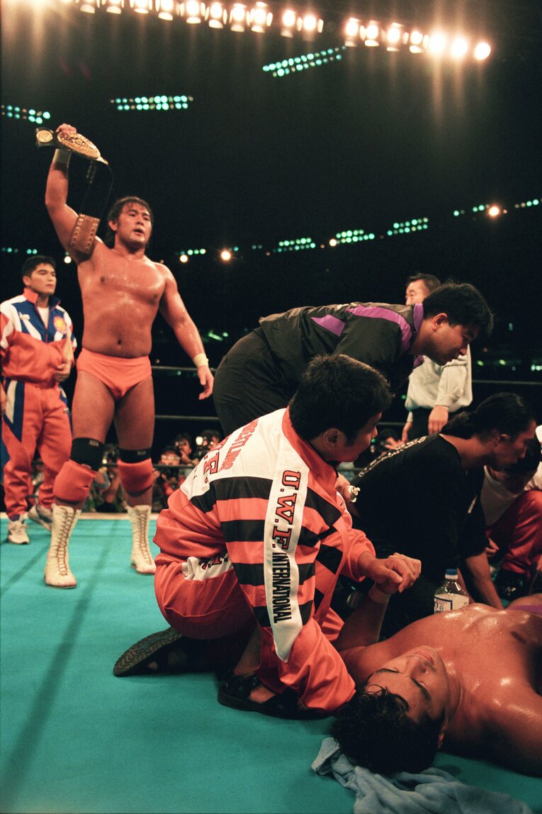 高田延彦を倒してIWGP王座防衛に成功した武藤敬司。1995年10月9日、東京ドーム