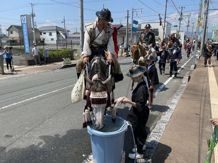 宵乗り行列の道中で水分補給をする馬たち
