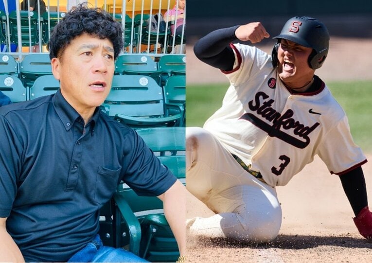 スタンフォード大2年目のシーズンを終えた佐々木麟太郎。現地視察に訪れたソフトバンク城島CBO（左）は、改めてポテンシャルを高く評価した ／ photograph by Daisuke Sugiura,AP/AFLO
