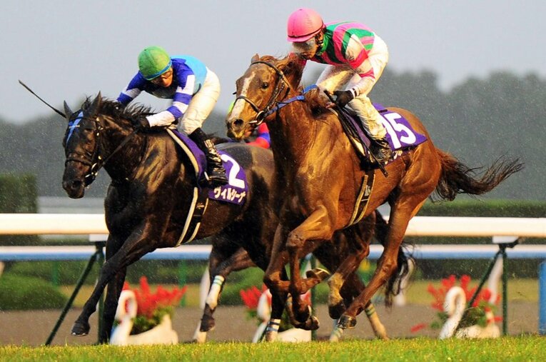 2012年のエリザベス女王杯、ヴィルシーナ（左）ら強豪をおさえ、7番人気ながら優勝を果たしたレインボーダリアと柴田善臣 ／ photograph by AFLO