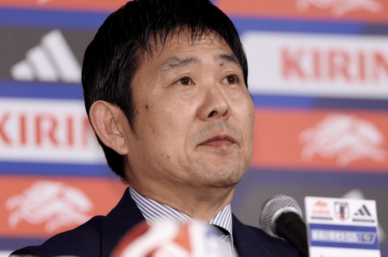 5月15日の日本代表メンバー発表会見。選べなかった選手のことを思い、涙を見せた森保一監督 ／ photograph by Asami Enomoto