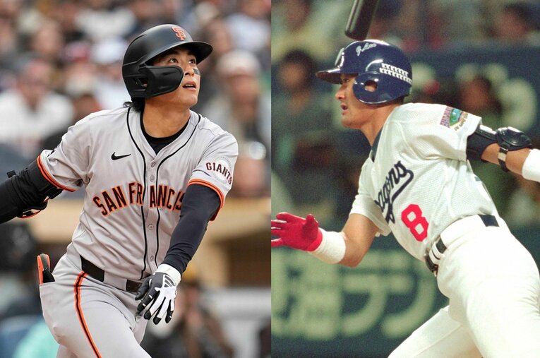 今季からサンフランシスコ・ジャイアンツで活躍する李政厚（左）。父は中日ドラゴンズで俊足巧打の打者として活躍した鐘範さん（右） ／ photograph by (R)JIJI PRESS、(L)AFLO