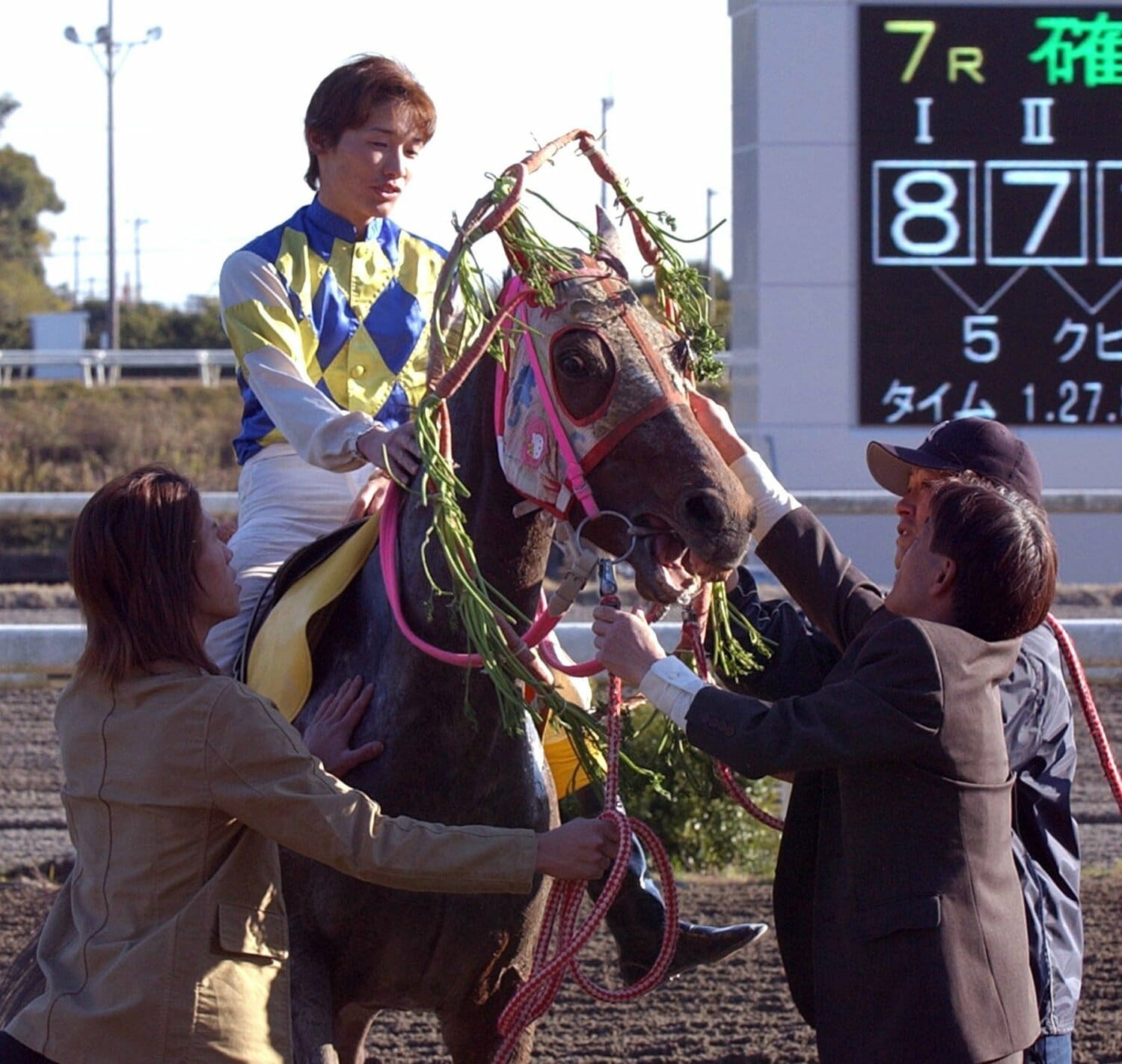 100レース出場をたたえられ、宗石大調教師(手前右)にニンジンの首飾りを贈られるハルウララ ©JIJI PRESS