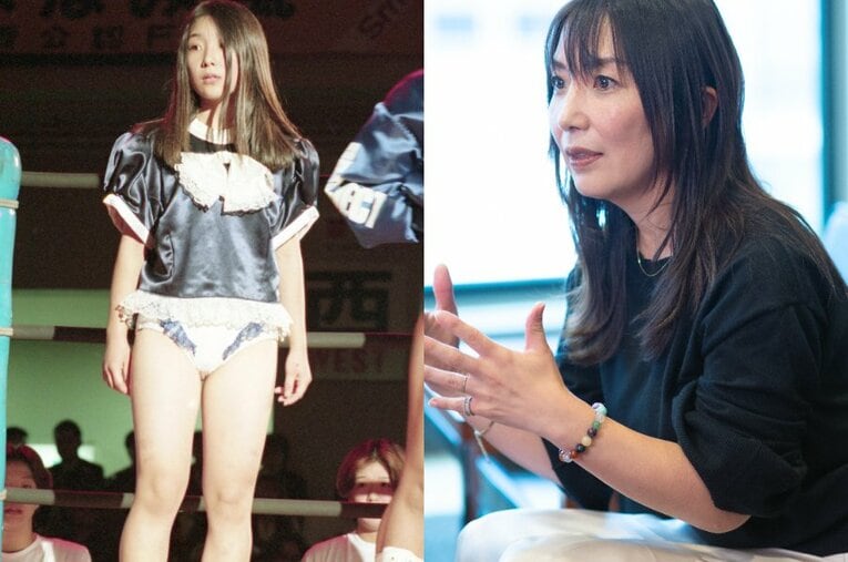 1993年に全日本女子プロレスでデビューした府川唯未。左写真はデビュー戦での一枚 ／ photograph by L)東京スポーツ新聞社、R)Takuya Sugiyama