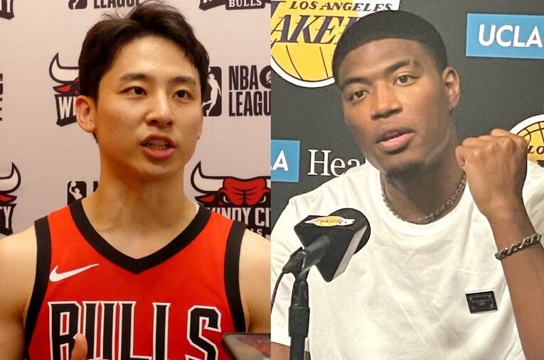 試合後、記者の問いに対して日本代表へのコメントを残した八村塁（右）と河村勇輝 ／ photograph by Yoko Miyaji