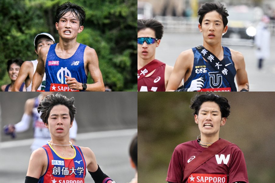 (左上)吉岡大翔(順天堂大学2年)は佐久長聖高校時代に5000m高校記録を樹立。大学入学後は苦しむが復活の兆し。(右上)前回3区区間6位と好走した小林亮太(東洋大学4年)は粘りが身上でチームのムードメーカーでもある。(右下)伊藤大志(早稲田大学4年)は花田勝彦監督からの信頼も厚いキャプテン。最後に殻を破れるか。(左下)創価大学の榎木和貴監督もキーマンにあげる小池莉希(2年)は、前回8区で区間15位も今季急速に力をつけた ©Yuki Suenaga/Nanae Suzuki
