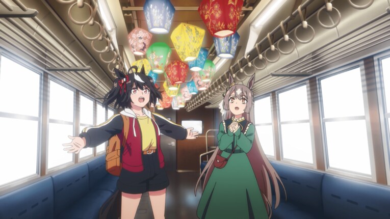 いすみ鉄道のランタン列車のような列車に乗り込むふたり　©2023 アニメ「ウマ娘 プリティーダービー Season 3」製作委員会