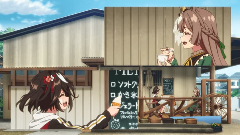 アイスに舌鼓を打った直売所。モデルは里山農産物直売所か　©2023 アニメ「ウマ娘 プリティーダービー Season 3」製作委員会