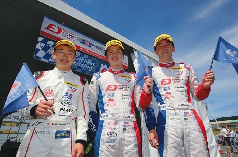 レーシングスクールSRS-Fの同期でFIA-F4でともに戦った（左から）角田裕毅、大湯都史樹、笠原右京 ／ photograph by Takashi Ogasawara