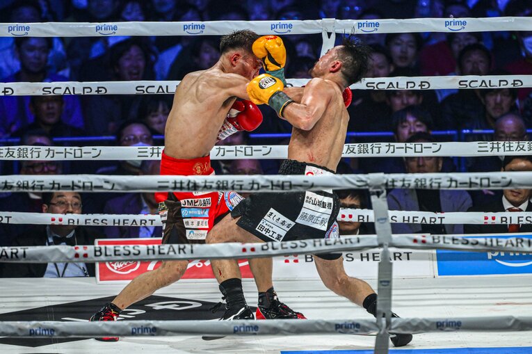 9回、堤聖也の右カウンターで前のめりに崩れ落ちる比嘉大吾（2枚目／全5枚） ©Takuya Sugiyama
