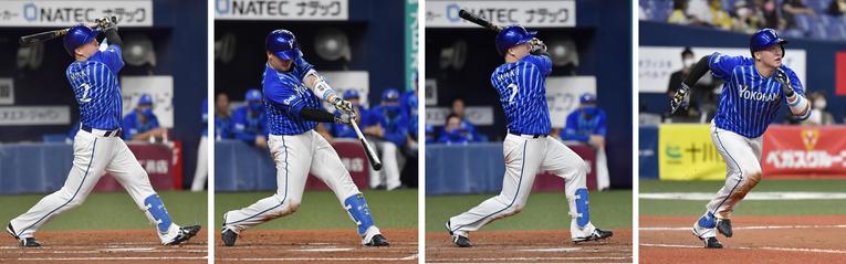 （左から）2回の右越え二塁打、3回の右中間3ラン、4回の中前2点打、9回の右翼線三塁打  ©Kyodo News