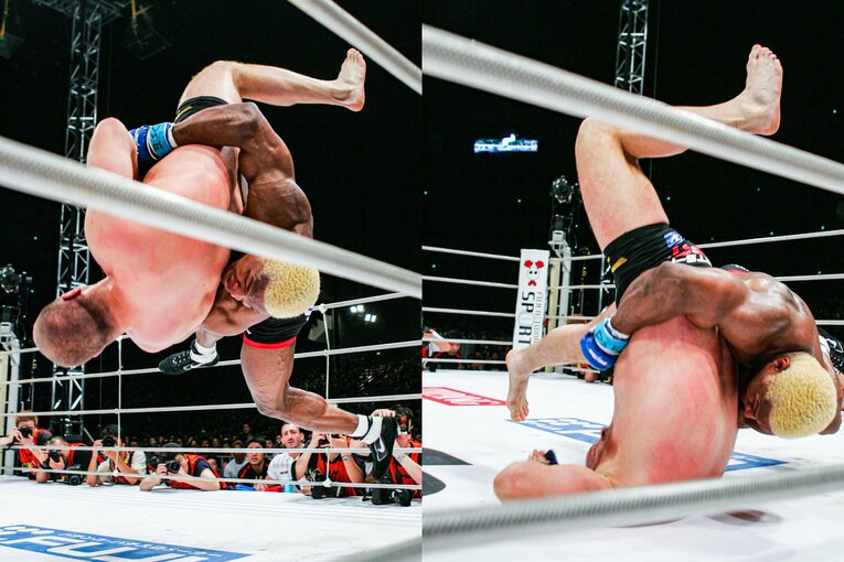 2人分の体重を乗せたケビン・ランデルマンの強烈なバックドロップ。もし頭から落ちていれば大ダメージは免れなかっただろう