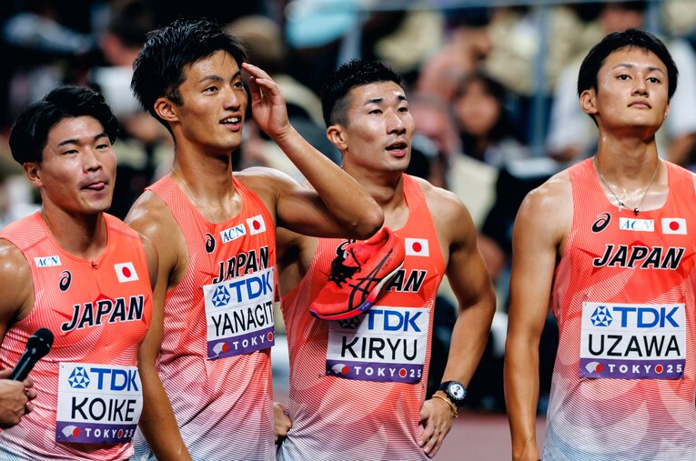 東京世界陸上400ｍリレーで決勝進出を決めた（左から）小池祐貴、柳田大輝、桐生祥秀、鵜沢飛羽の日本代表チーム　©Kiichi Matsumoto