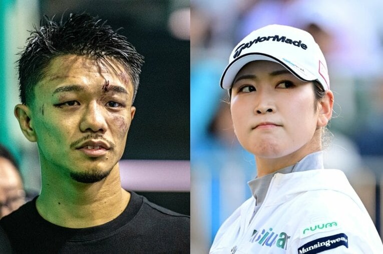 結婚を発表したボクシング世界3階級制覇王者の中谷潤人とプロゴルファーの田村亜矢 ／ photograph by L:Takuya Sugiyama, R:Getty Images