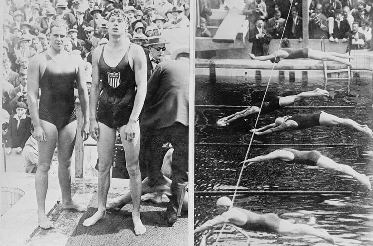 1924年パリ五輪。水泳男子400mで。アメリカ代表選手とオーストラリア代表選手　©Getty Images