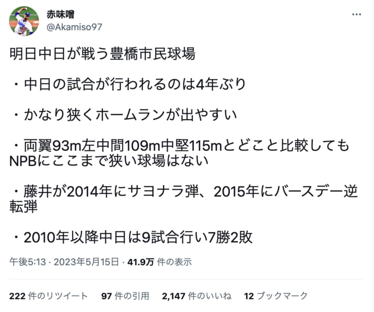 中日や助っ人外国人選手にまつわるデータ発信で人気を集めている（本投稿は5月15日）