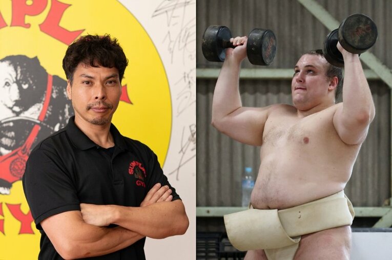 サンプレイで安青錦を担当するトレーナーの渡辺航平さん（左）、稽古でトレーニングに励む安青錦（右）　©Tadashi Hosoda／JIJI PRESS