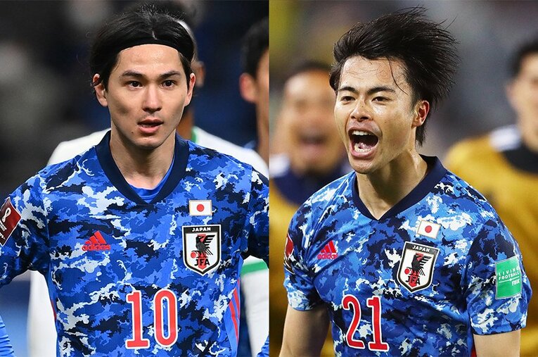 今予選で左ウイングを任され続けた南野拓実と、オーストラリア戦で大活躍の三笘薫。2人について三都主アレサンドロはどう見る？ ／ photograph by JMPA/Getty Images
