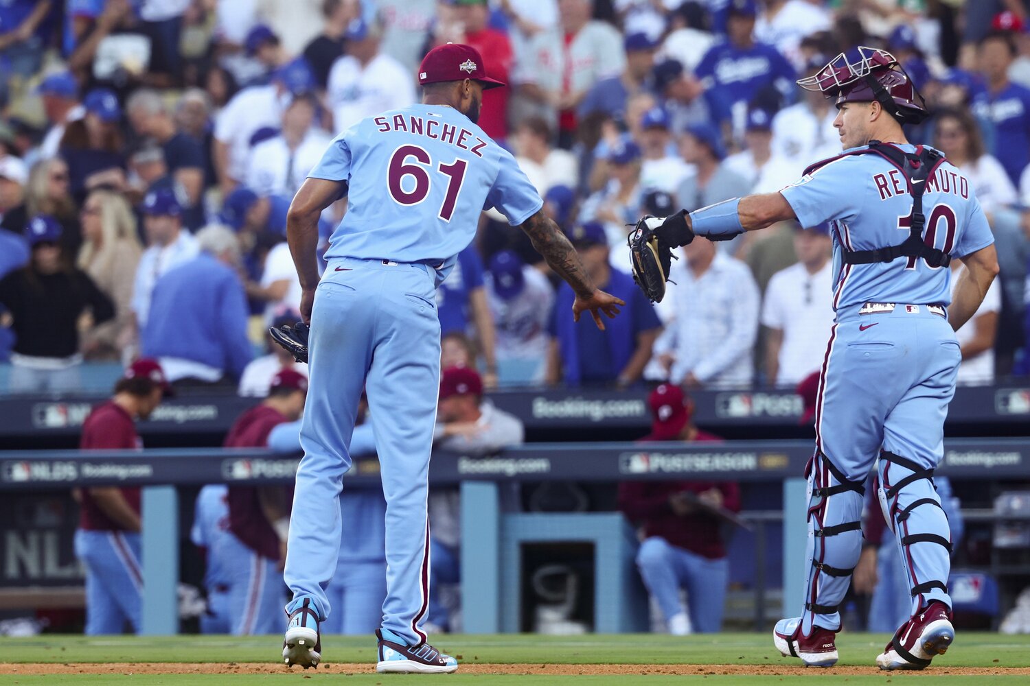 メジャー有数の捕手リアルミュートが、サンチェス（左）ら左腕投手を巧みにリードして大谷を封じた　©Getty Images