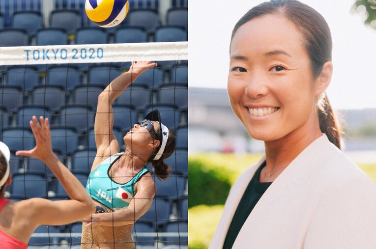 日本代表として東京五輪に出場し、現在は選手会長を務めるビーチバレー選手の村上めぐみ ／ photograph by L)Getty Images、R)Asami Enomoto