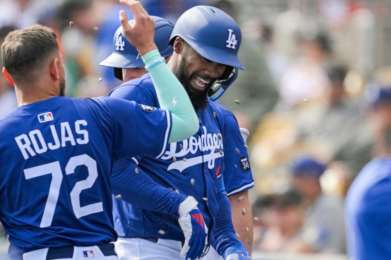 ロハスからヒマワリの種シャワーを浴びるテオスカー・エルナンデス　©Nanae Suzuki