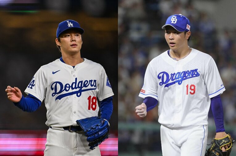 「師弟関係」である山本由伸（左）と高橋宏斗 ／ photograph by Nanae Suzuki／JIJI PRESS