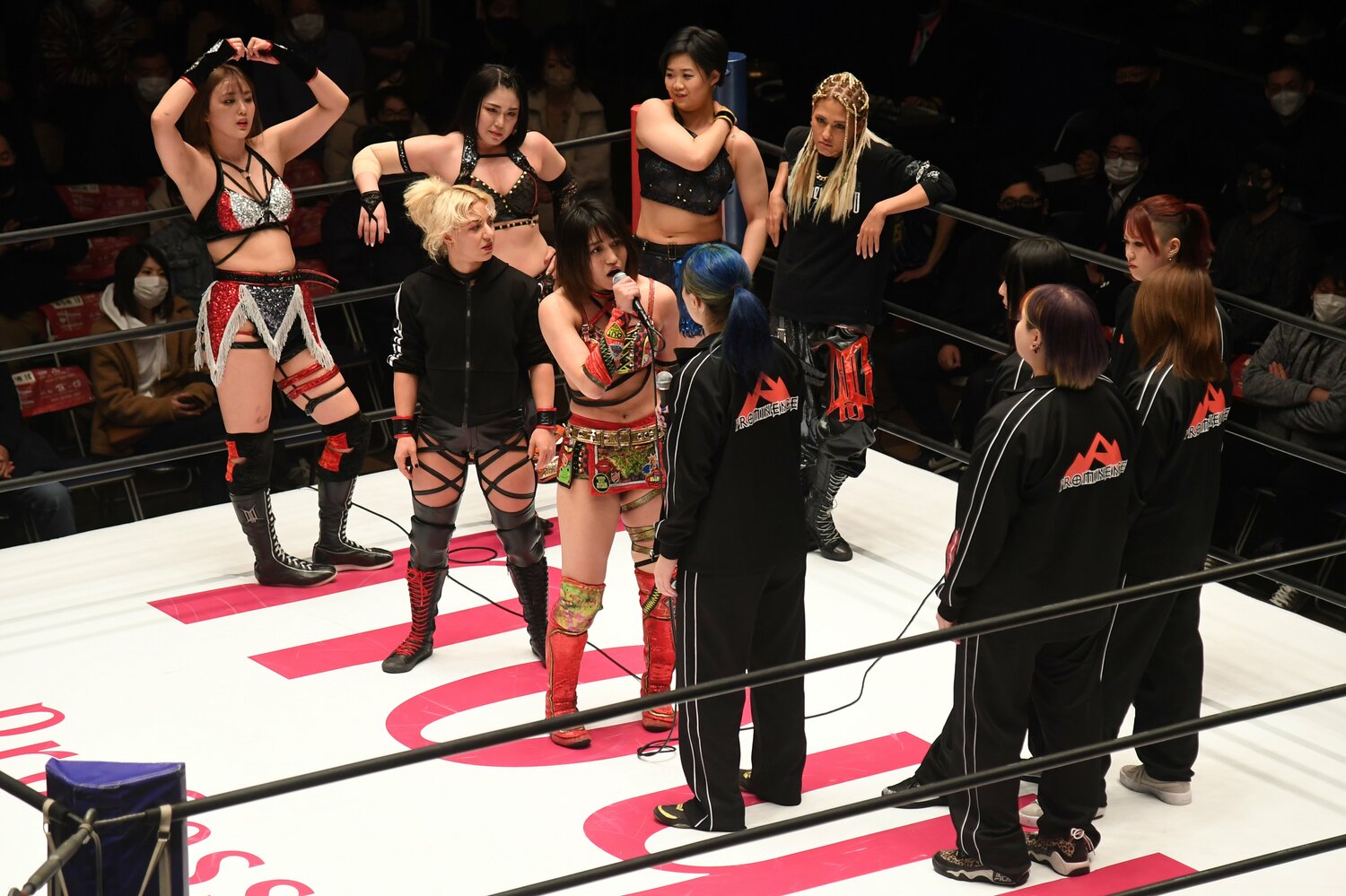 2月1日の後楽園ホール大会でマイクを握る朱里。ジュリアだけでなく、DDMとしてプロミネンスと開戦することになった