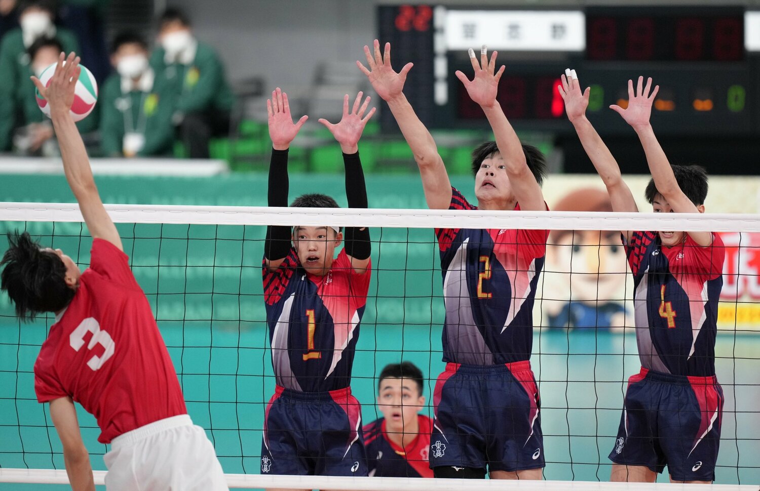 1年時はコロナ感染者が出て3回戦で不戦敗、昨年は1回戦敗退と春高バレーでは涙を飲んできた麻野(中央)。今大会に懸ける思いも大きい(写真は昨年度大会)©︎Sankei Shimbun