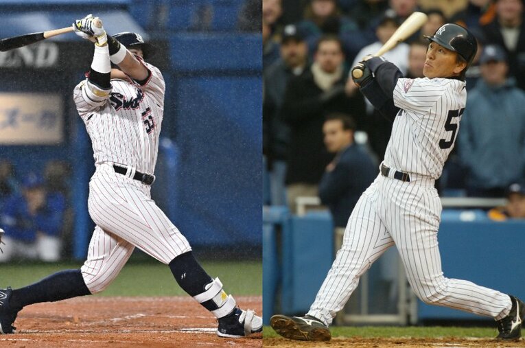 ともに背番号55をつけたスラッガー、ヤンキース時代の松井秀喜（右）とヤクルト村上宗隆（左） ／ photograph by Naoya Saunuki / Hideki Sugiyama