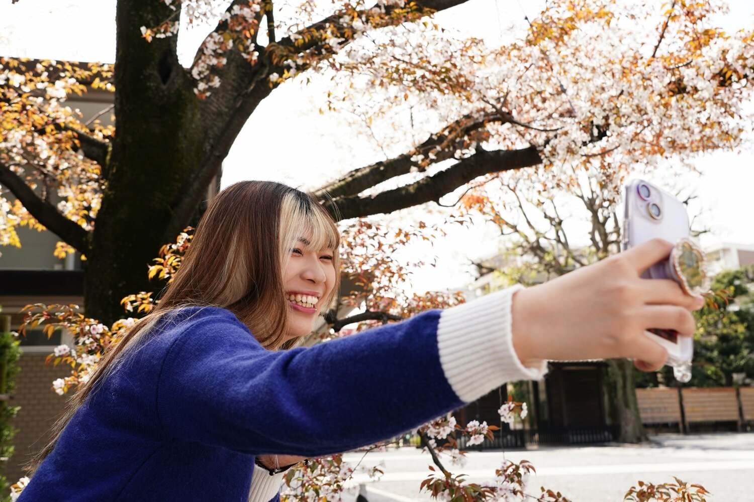 桜の木の下でセルフィーを撮影　©Essei Hara