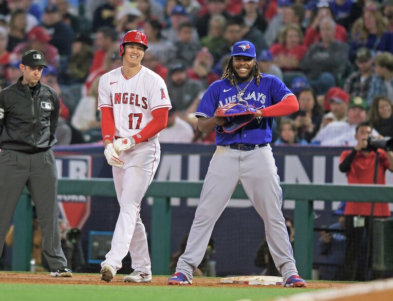 ブルージェイズ戦、一塁出塁でこの笑顔　©JIJI PRESS