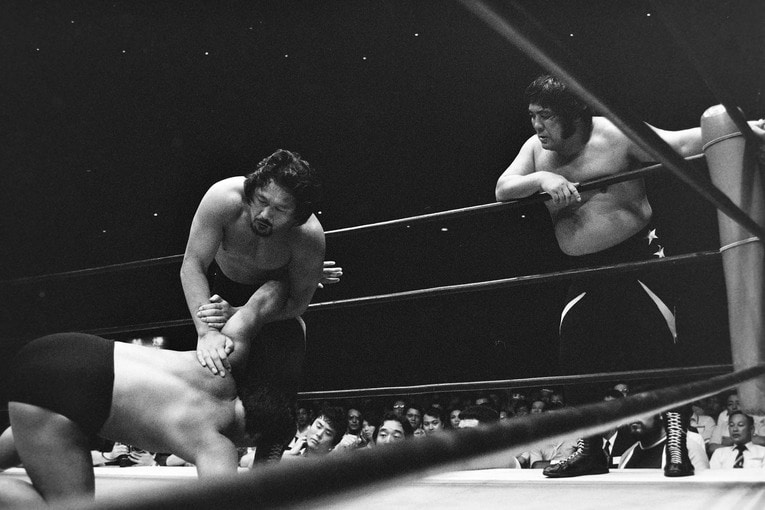 小鹿と大熊元司の極道コンビ。1979年8月26日の夢のオールスター戦では長州力、アニマル浜口組と戦った