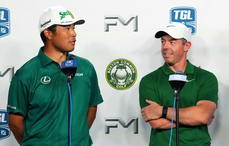 最新テクノロジーを活用した屋内プロゴルフリーグ「TGL」に参戦した松山英樹。企画発案者マキロイのチームの一員となった（2025年）©︎Rich Storry/TGL/TGL Golf via Getty Images