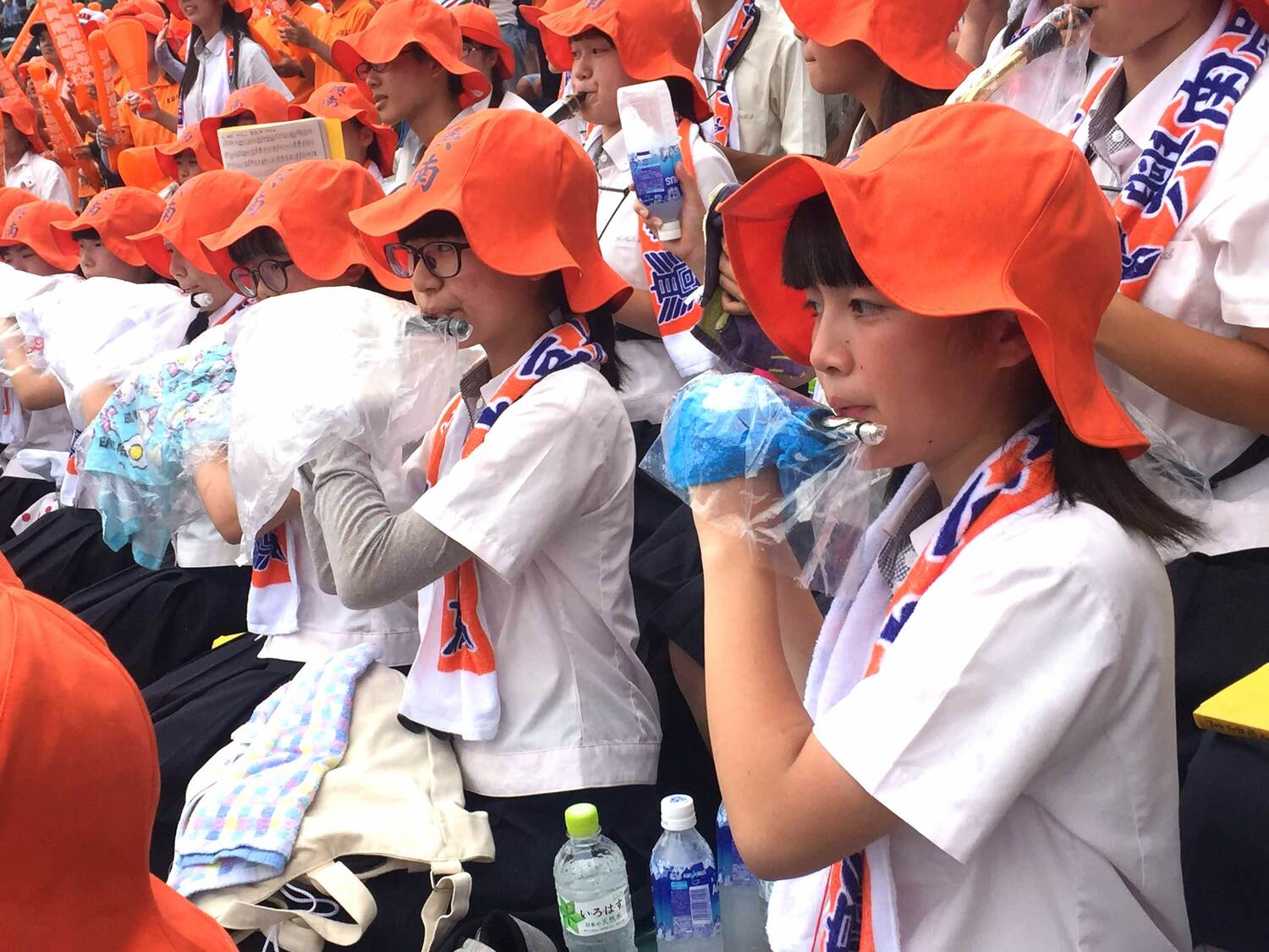 長年にわたって沖縄代表校の友情応援を担当する、尼崎市立尼崎高校吹奏楽部（2018年夏） ©Yukiko Umetsu