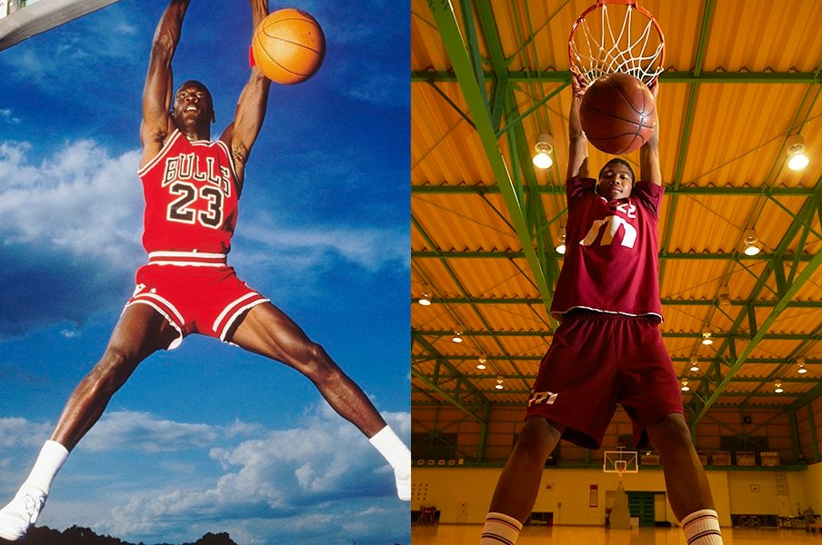 L)ダンクシュートを決めるマイケル・ジョーダン ©Getty Images R)明成高校時代の八村塁 ©Tadashi Shirasawa