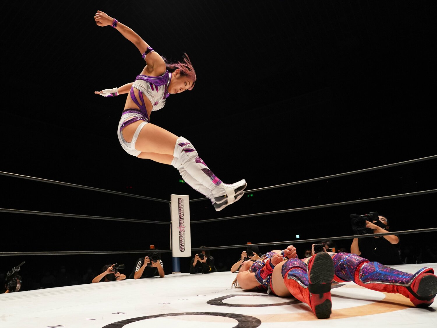 抜群の身体能力を活かしたダイビング・フットスタンプ