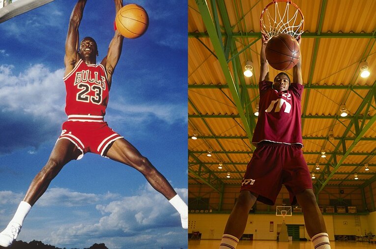 L）ダンクシュートを決めるマイケル・ジョーダン　©Getty Images　R）明成高校時代の八村塁　©Tadashi Shirasawa