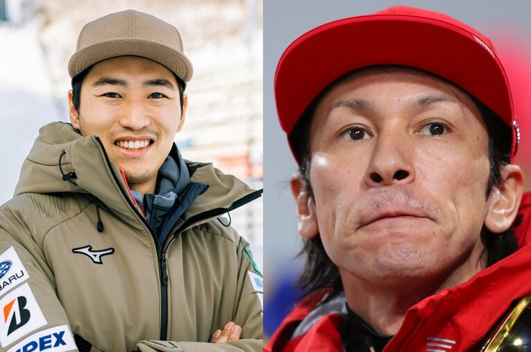 ミズノでジャンプ競技のスーツ製作に携わる尾形優也（左）。“レジェンド”葛西紀明らトップ選手の「超感覚」に驚かされることもあるという ／ photograph by (L)Kiichi Mastumoto / (R)JMPA