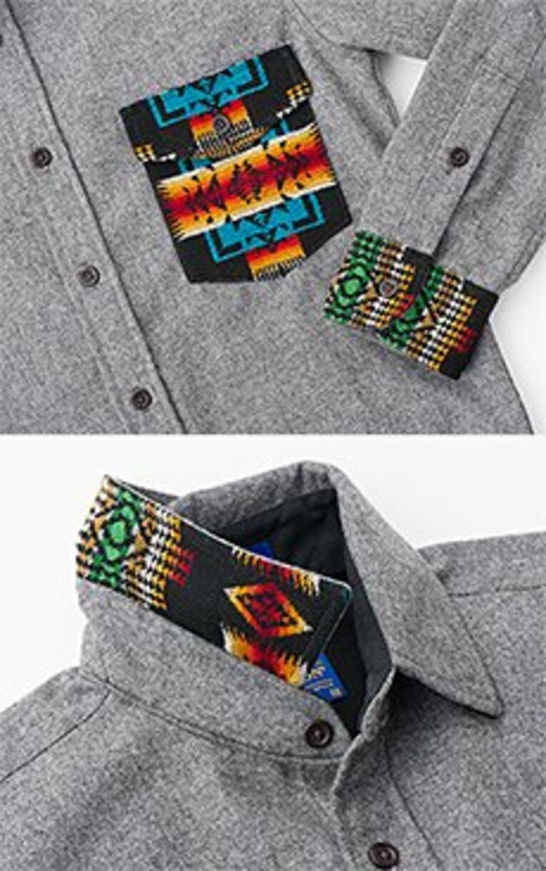 カジュアルなステージではネイティブ・アメリカン柄が大人気。シャツ全体ではなく、胸のフラップポケットや両袖口に入るクレイジーパターンが赤丸急上昇中（襟の裏にもさりげなくデザインするという凝りよう！）。今季は、この“地味派手”が大ブレイクするはず！ 