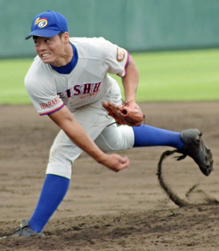 知られざる剛腕時代。直球の最速は146kmをマークした。第９８回全国高校野球茨城大会　常総学院戦に先発した明秀学園日立の細川成也　©︎SANKEI SHIMBUN　