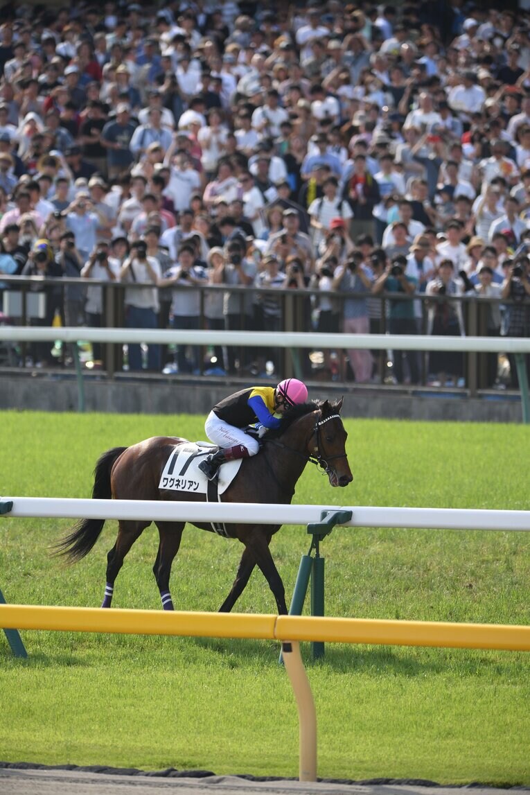 内ラチ側から撮影された一枚。ワグネリアンの背中で涙する福永とファンを同時に収め、当時の臨場感を伝えている