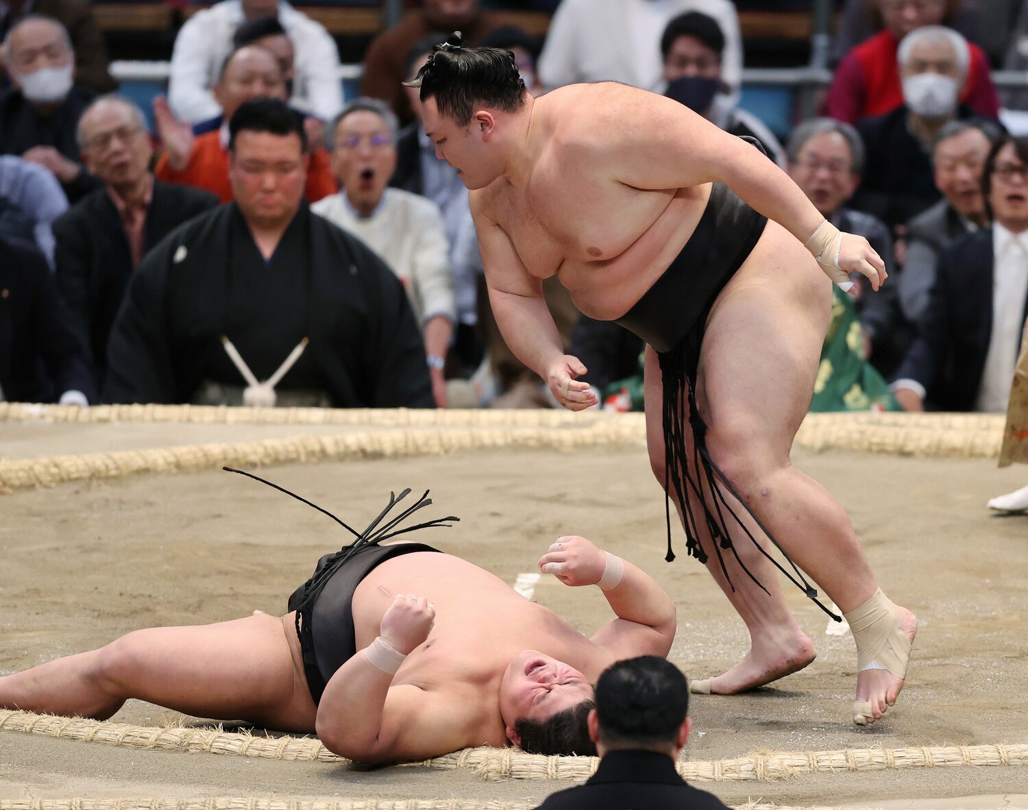 大相撲春場所千秋楽、“令和の怪物”落合(下)を上手投げで下す朝乃山。13勝2敗だったが2場所連続の十両優勝は逃した ©JIJI PRESS