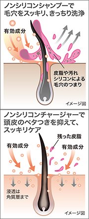 リガオスのシャンプー＆チャージャーはシリコンを配合していないノンシリコン処方。毛穴に詰まった汚れや皮脂をすっきり除去し、有効成分の働きによって理想的な頭皮環境に整える。 