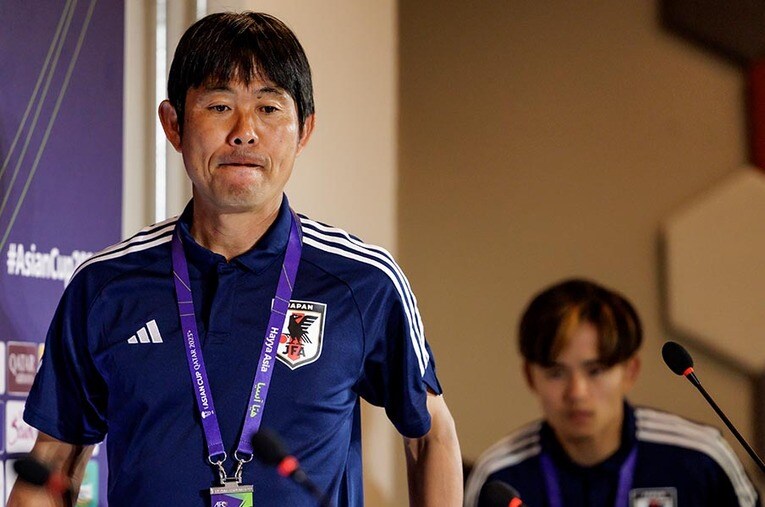 バーレーン戦を前にした記者会見での森保一監督。グループステージ後にあった「茶話会」での出来事とは ／ photograph by Kiichi Matsumoto