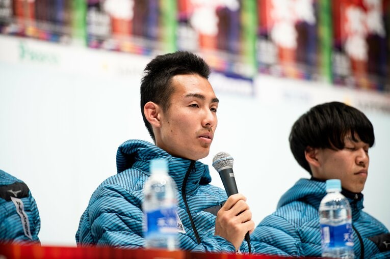 東海大の優勝会見での4区・館澤亨次　©Yuki Suenaga