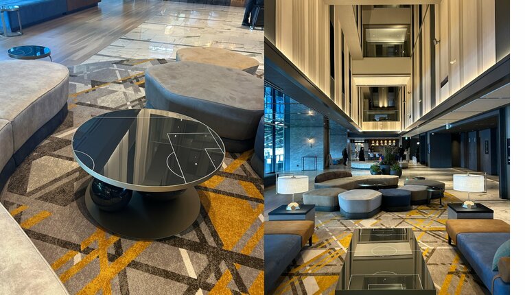 高級感あるモダンな造りのラウンジ。至る所にフットボールの香りを感じる