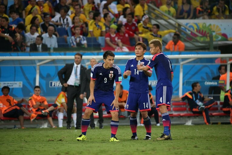 岡崎慎司、本田圭佑、青山敏弘（2014年ブラジルW杯）　©︎JMPA