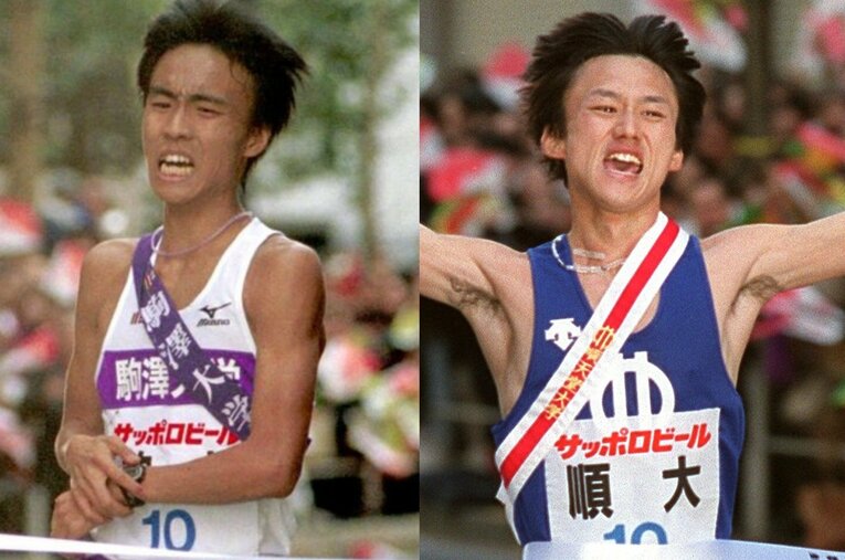 最終10区までもつれた2001年の箱根駅伝での紫紺対決。順大・宮崎展仁と駒大・高橋桂逸の勝負の行方は意外なほどあっさりと決着した ／ photograph by (L)Sankei Shimbun、(R)JIJI PRESS