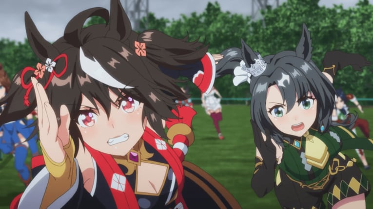 キタサンブラックの後ろから並びかける位置取りを見せたサトノクラウン（右）　©2023 アニメ「ウマ娘 プリティーダービー Season 3」製作委員会