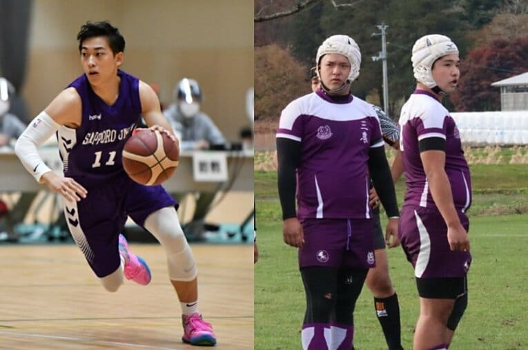 Bリーグ入りを目指してHANDS UPを利用する札幌大学・木村涼（左）。三本木農業高校の新堂大河、佐々木治人（右）両名のもとには異なるエリアの大学からオファーが届いた ／ photograph by L）Sapporo University　R）Sanbongi Agricultural High School